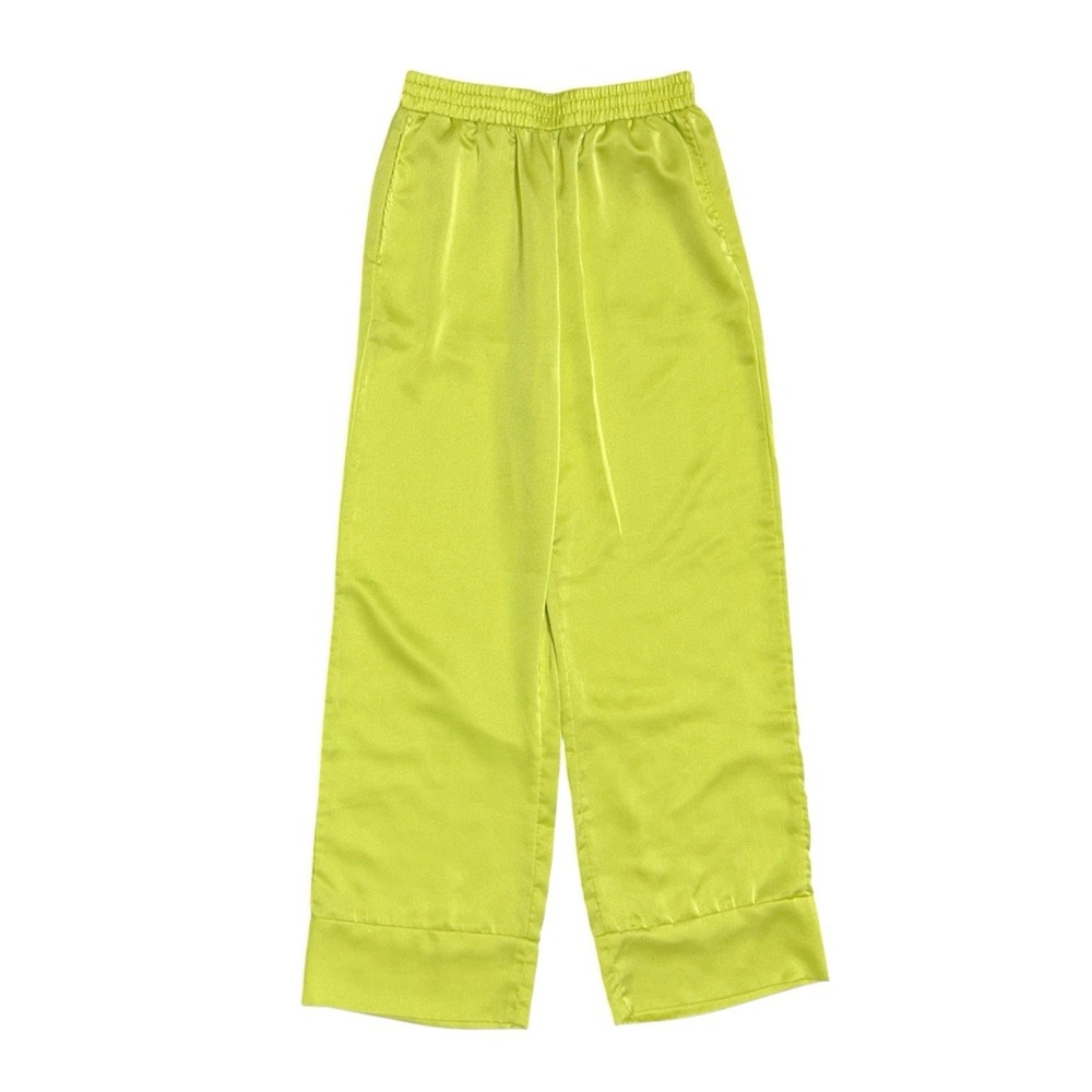 Apparis Revolve Women's Chartreuse Wide Leg Satan Elastic Waist Pants. Size S